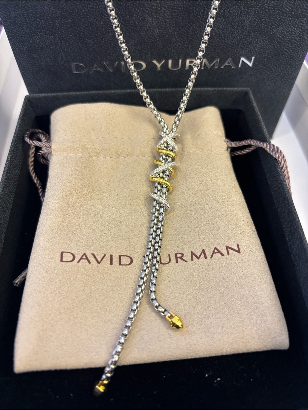 David Yurman Silver Necklace with Gold Accents and Diamonds